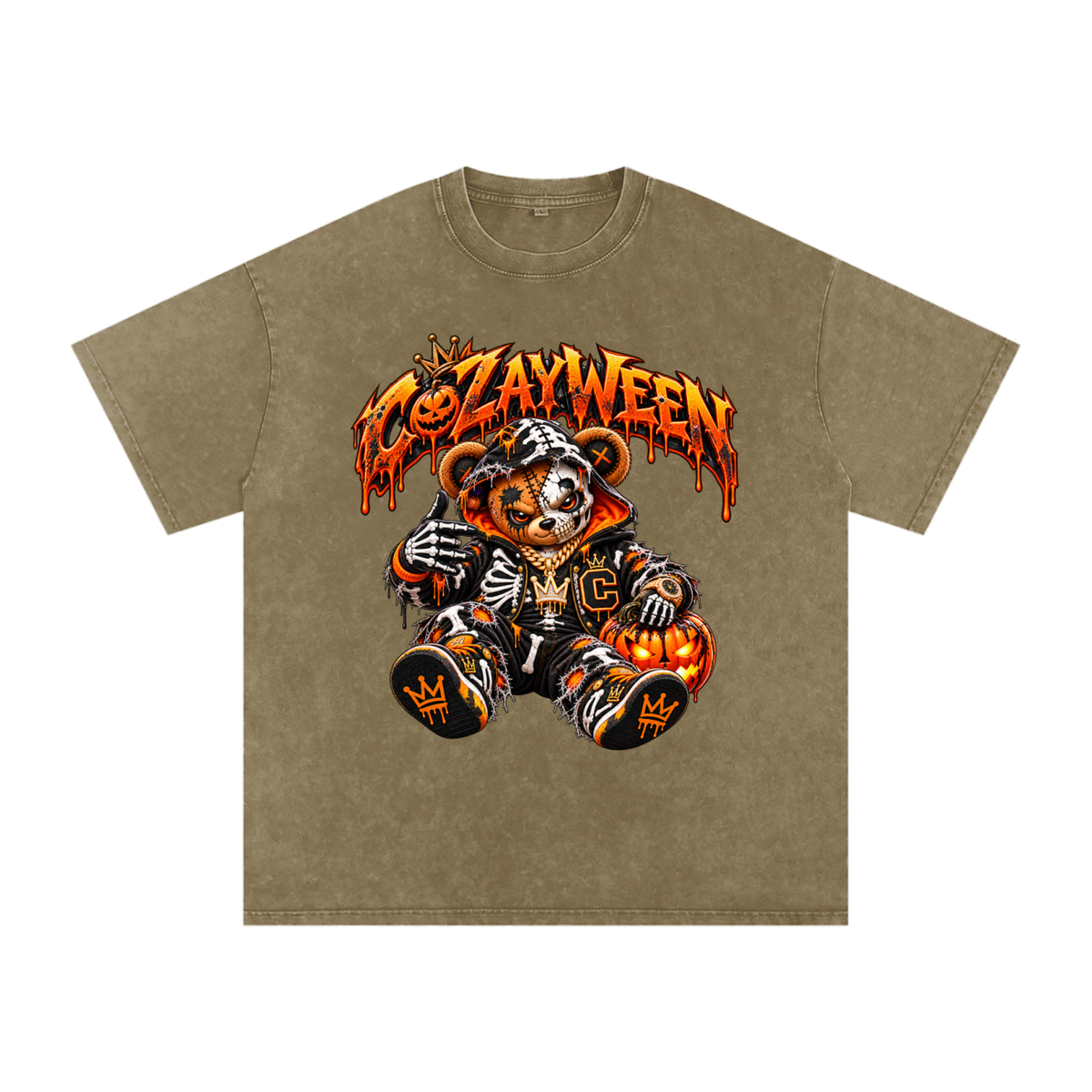 CoZayWeen Skeleton Snow Washed Oversized Cotton T-Shirt