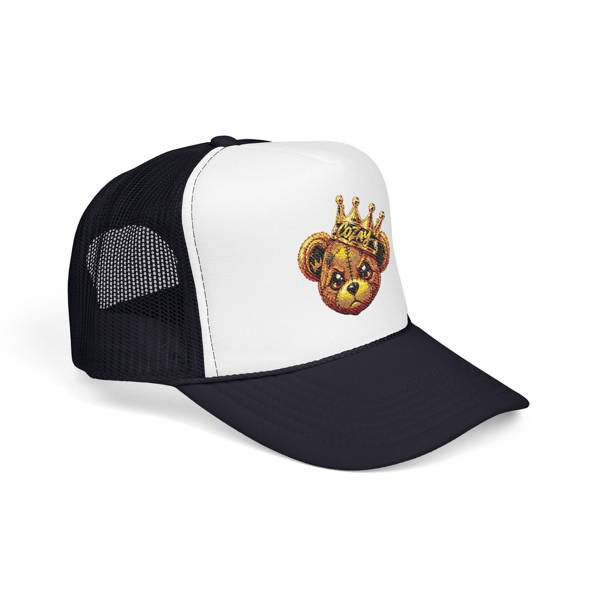 Crowned Teddy Bear Trucker Hat — Gold Sequin Bear Foam Cap