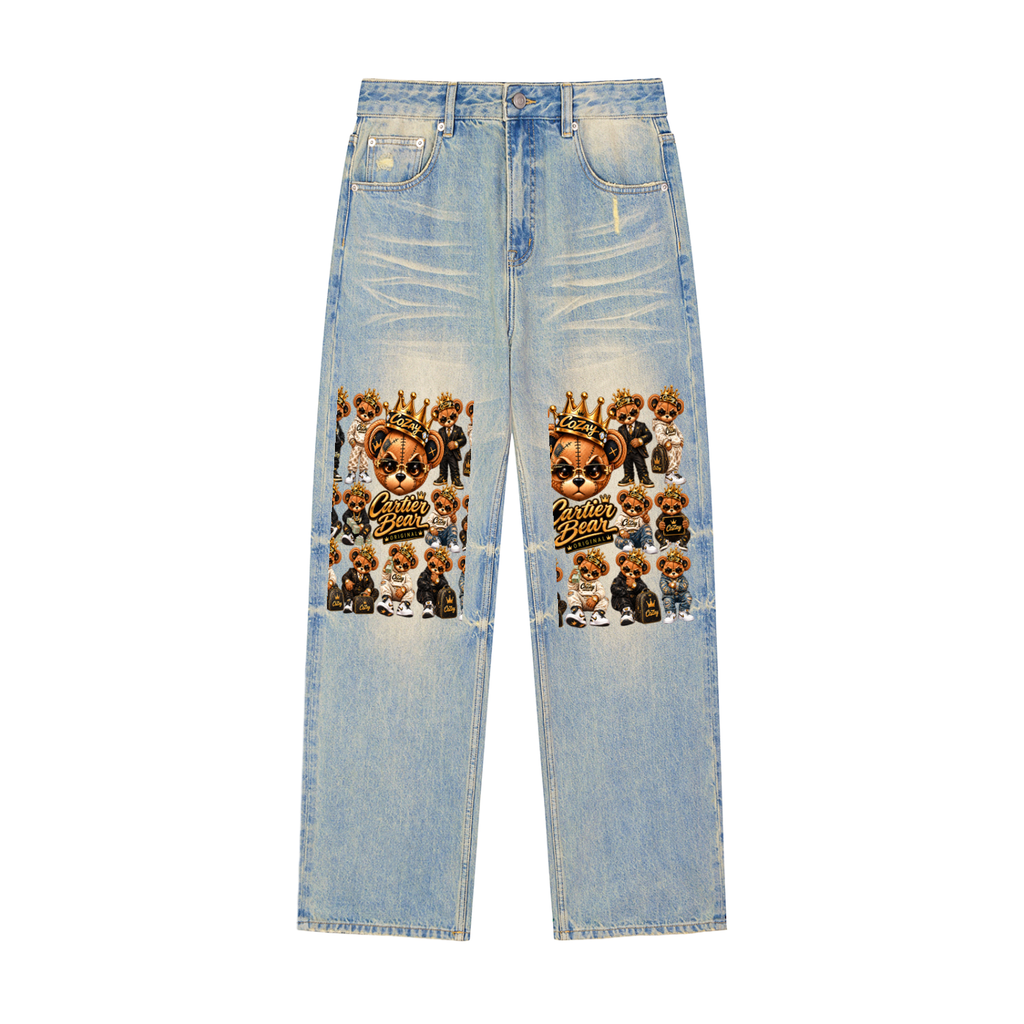 CoZay Original Cartier Bear Sun Fade Raw Hem Denim Jeans