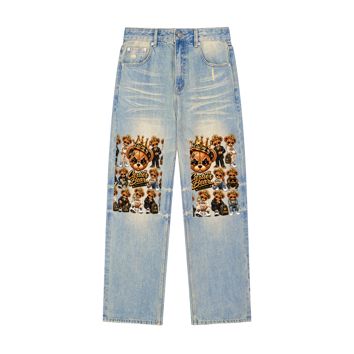 CoZay Original Cartier Bear Sun Fade Raw Hem Denim Jeans