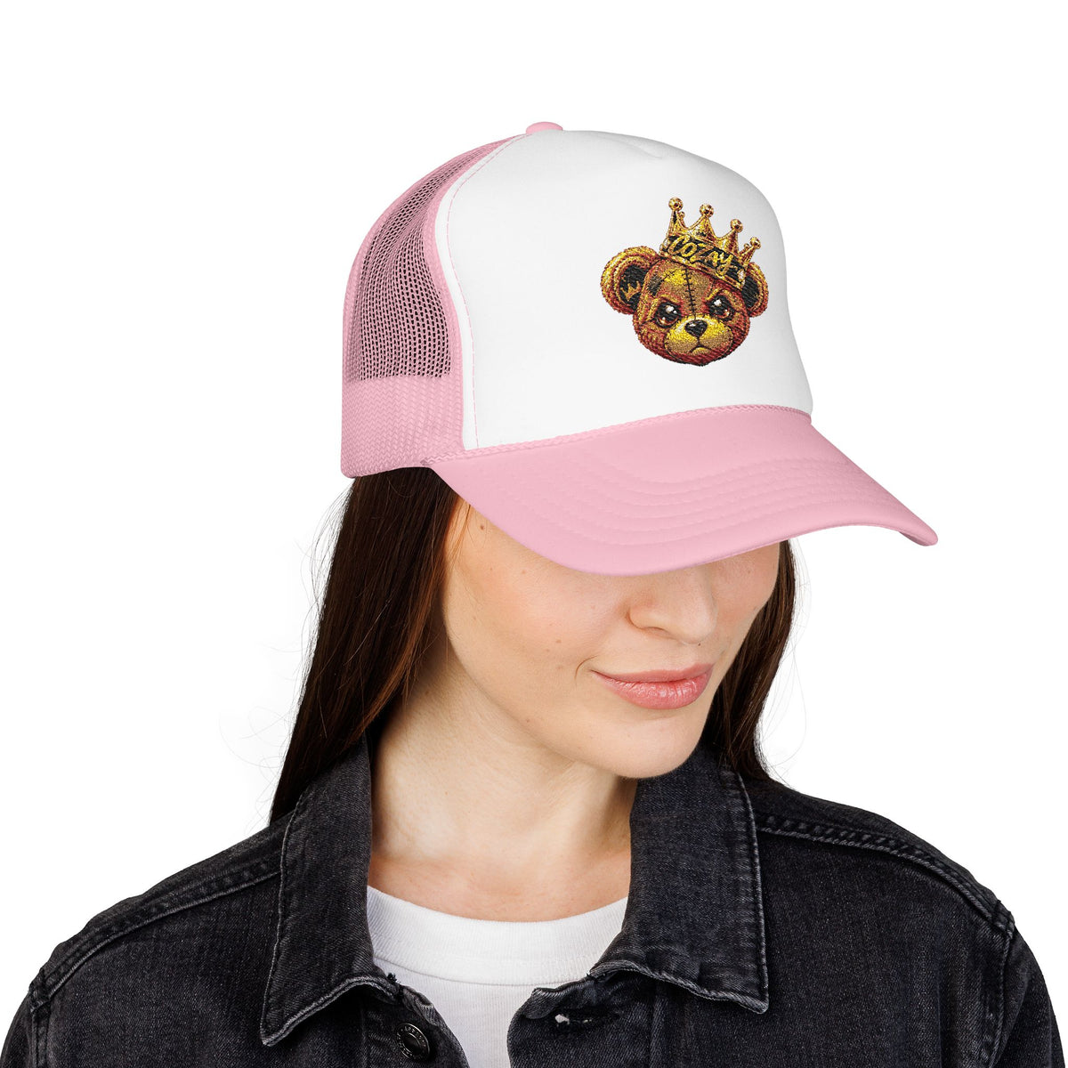 Crowned Teddy Bear Trucker Hat — Gold Sequin Bear Foam Cap