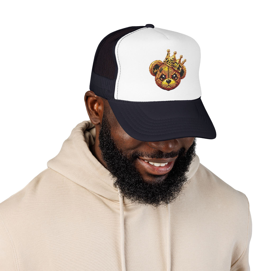 Crowned Teddy Bear Trucker Hat — Gold Sequin Bear Foam Cap