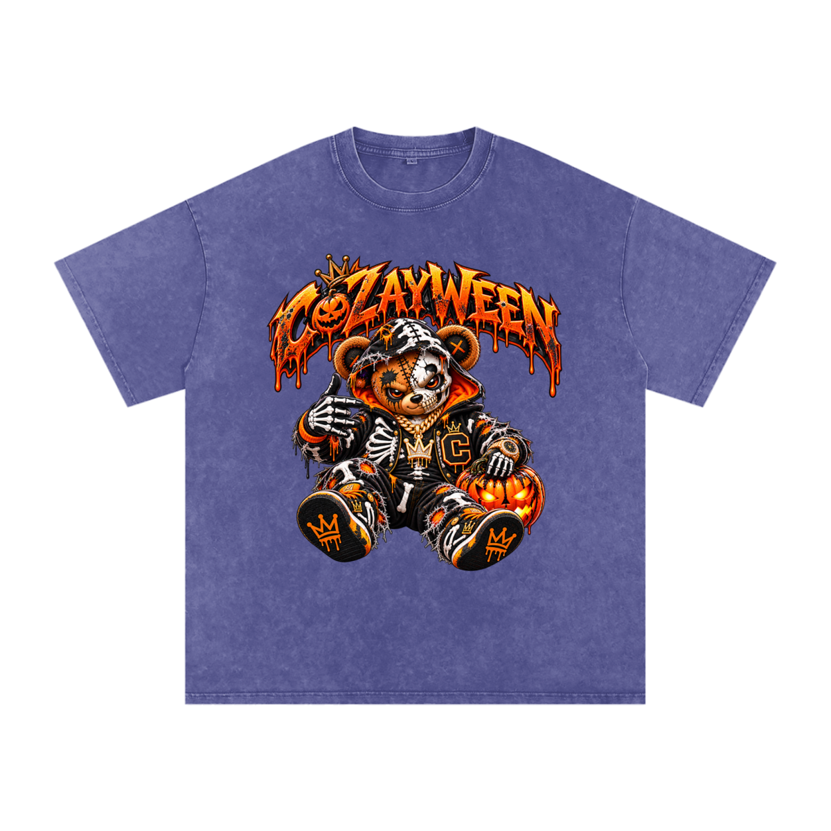 CoZayWeen Skeleton Snow Washed Oversized Cotton T-Shirt