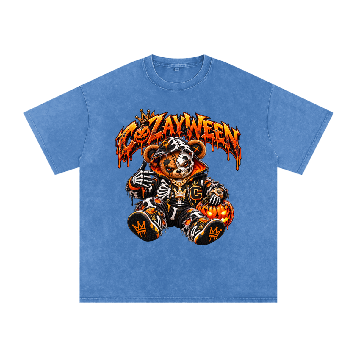 CoZayWeen Skeleton Snow Washed Oversized Cotton T-Shirt