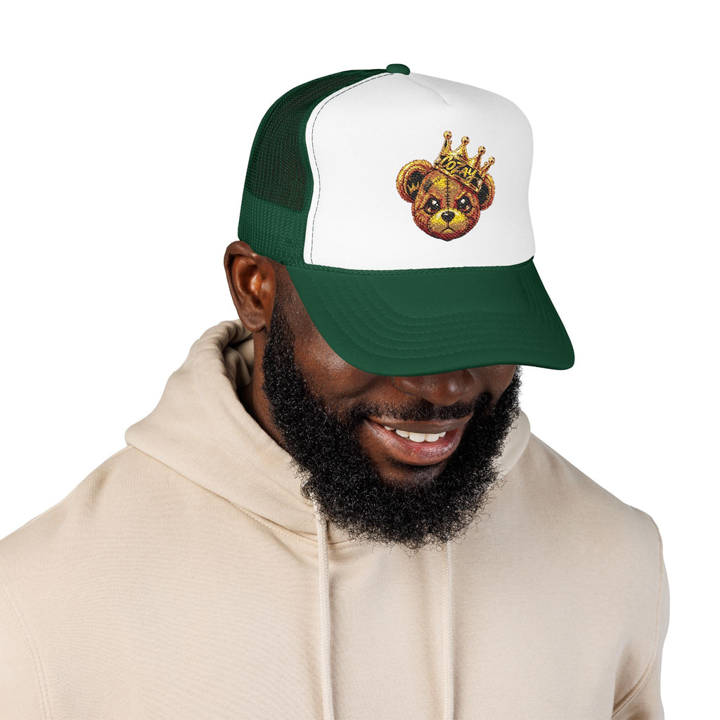 Crowned Teddy Bear Trucker Hat — Gold Sequin Bear Foam Cap