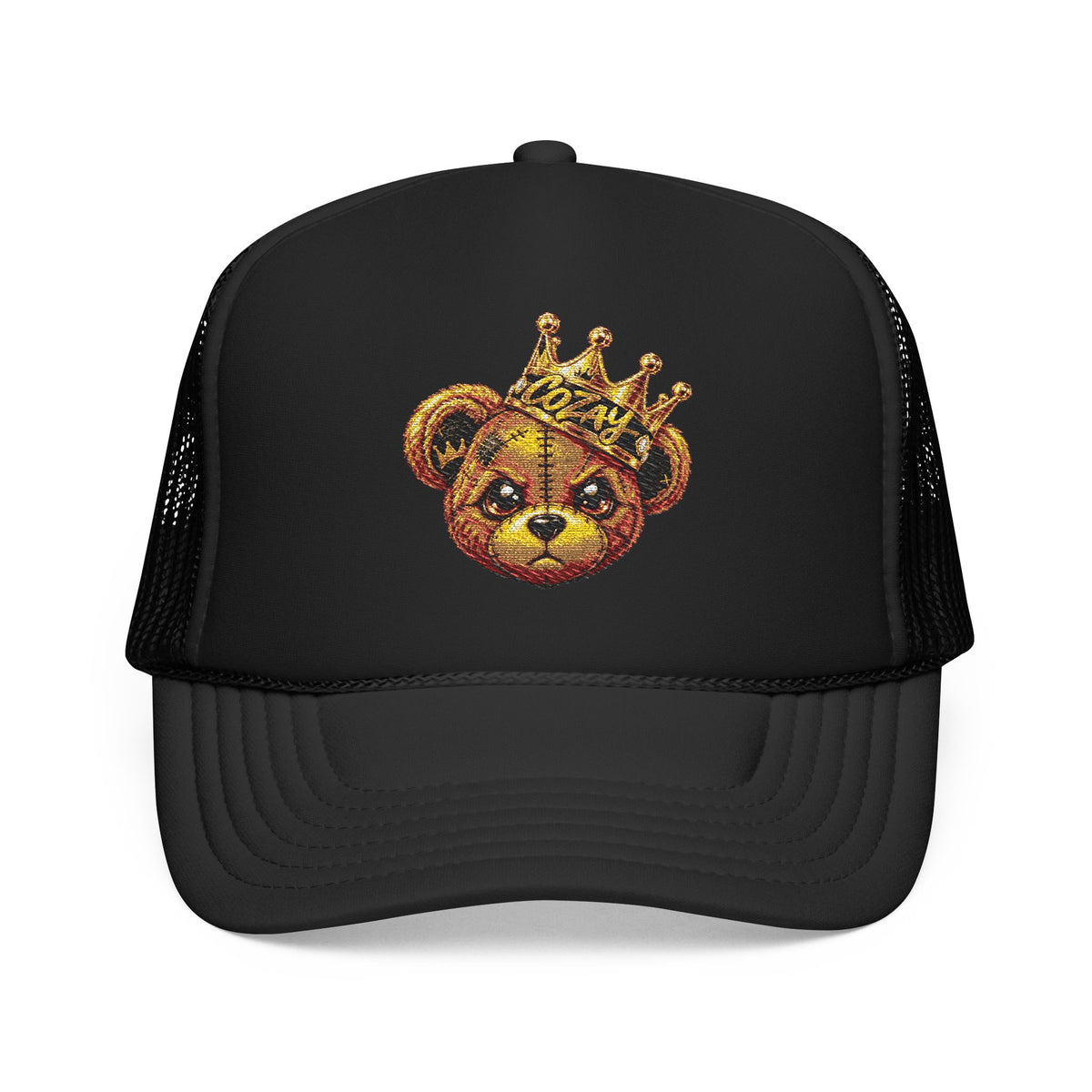 Crowned Teddy Bear Trucker Hat — Gold Sequin Bear Foam Cap