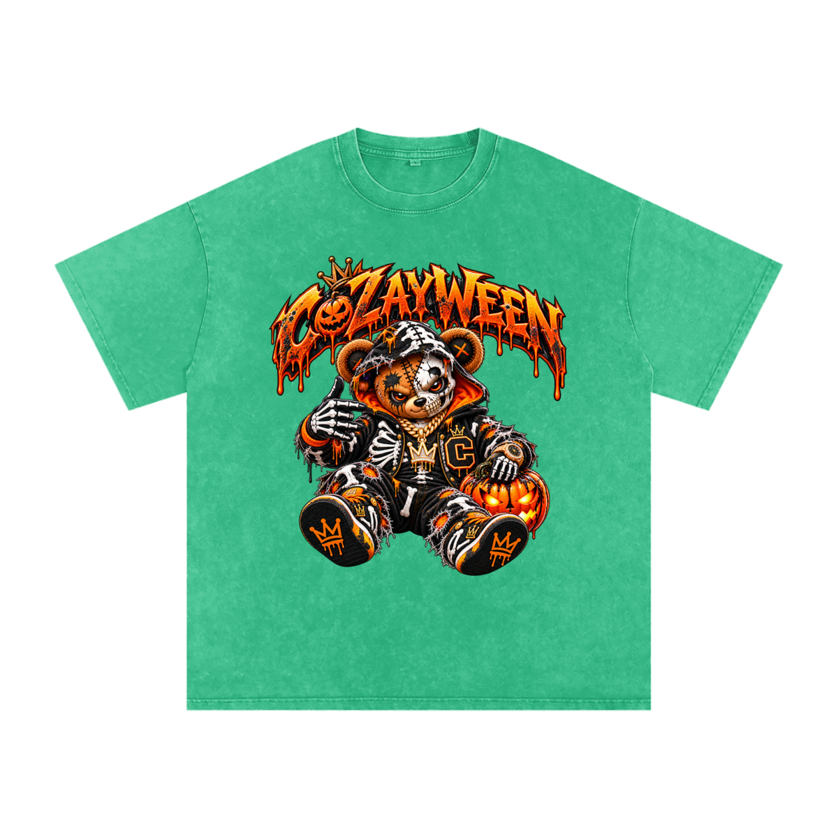 CoZayWeen Skeleton Snow Washed Oversized Cotton T-Shirt