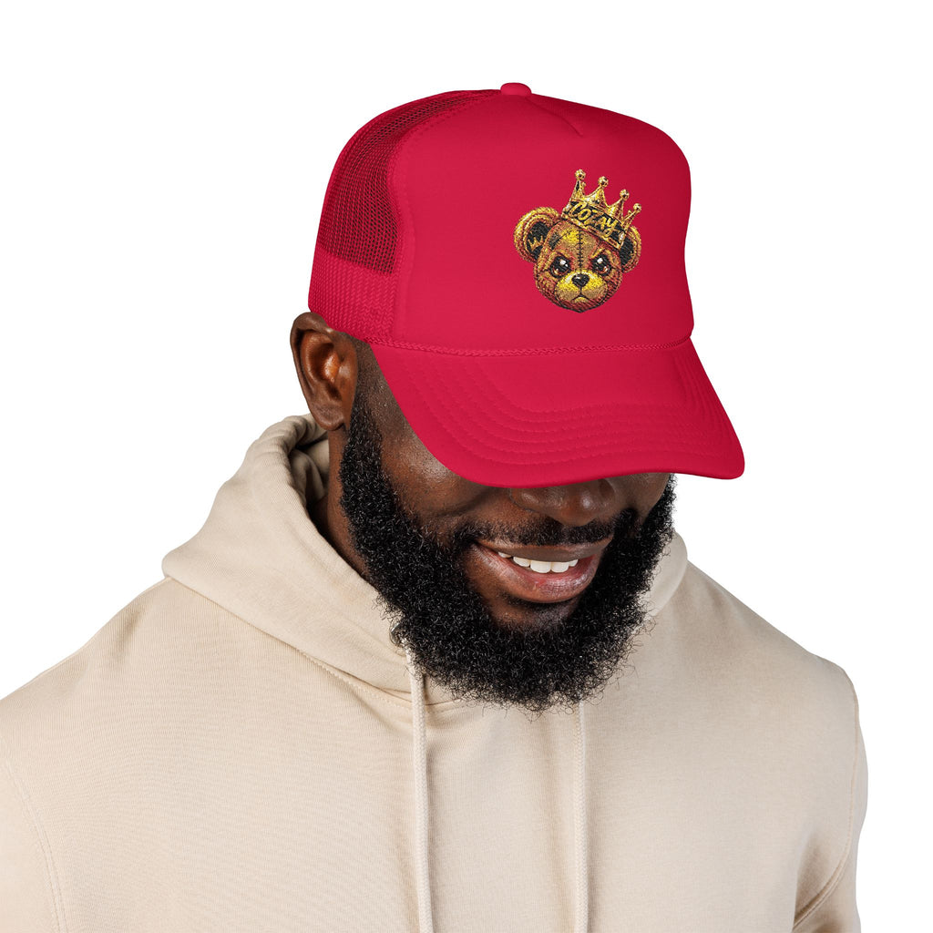 Crowned Teddy Bear Trucker Hat — Gold Sequin Bear Foam Cap