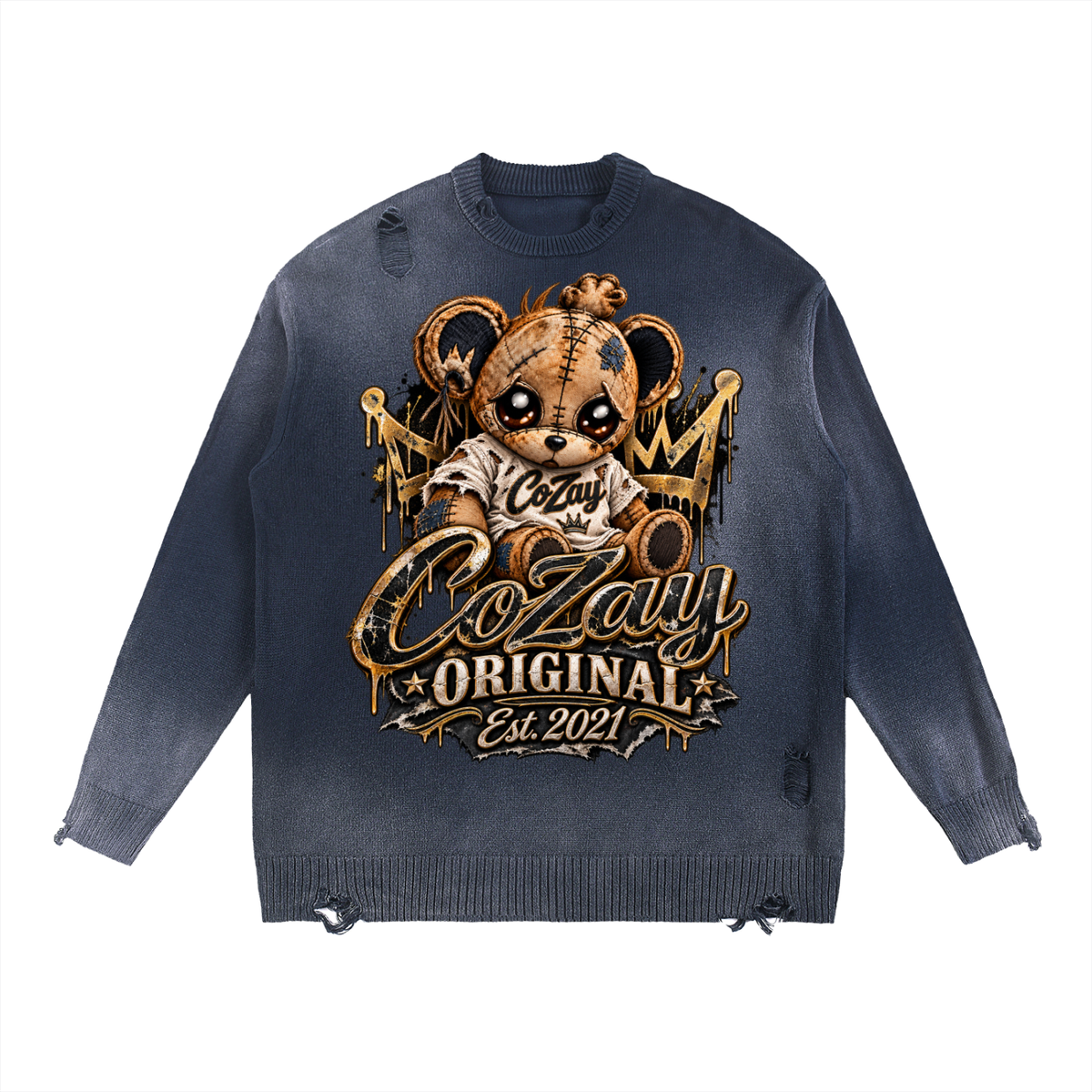 COZAY ORIGINAL Sun Fade Distressed Ripped Crewneck sweater