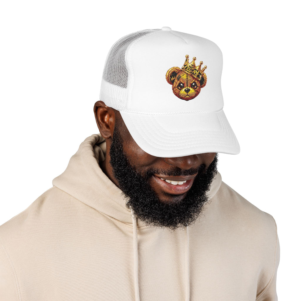 Crowned Teddy Bear Trucker Hat — Gold Sequin Bear Foam Cap