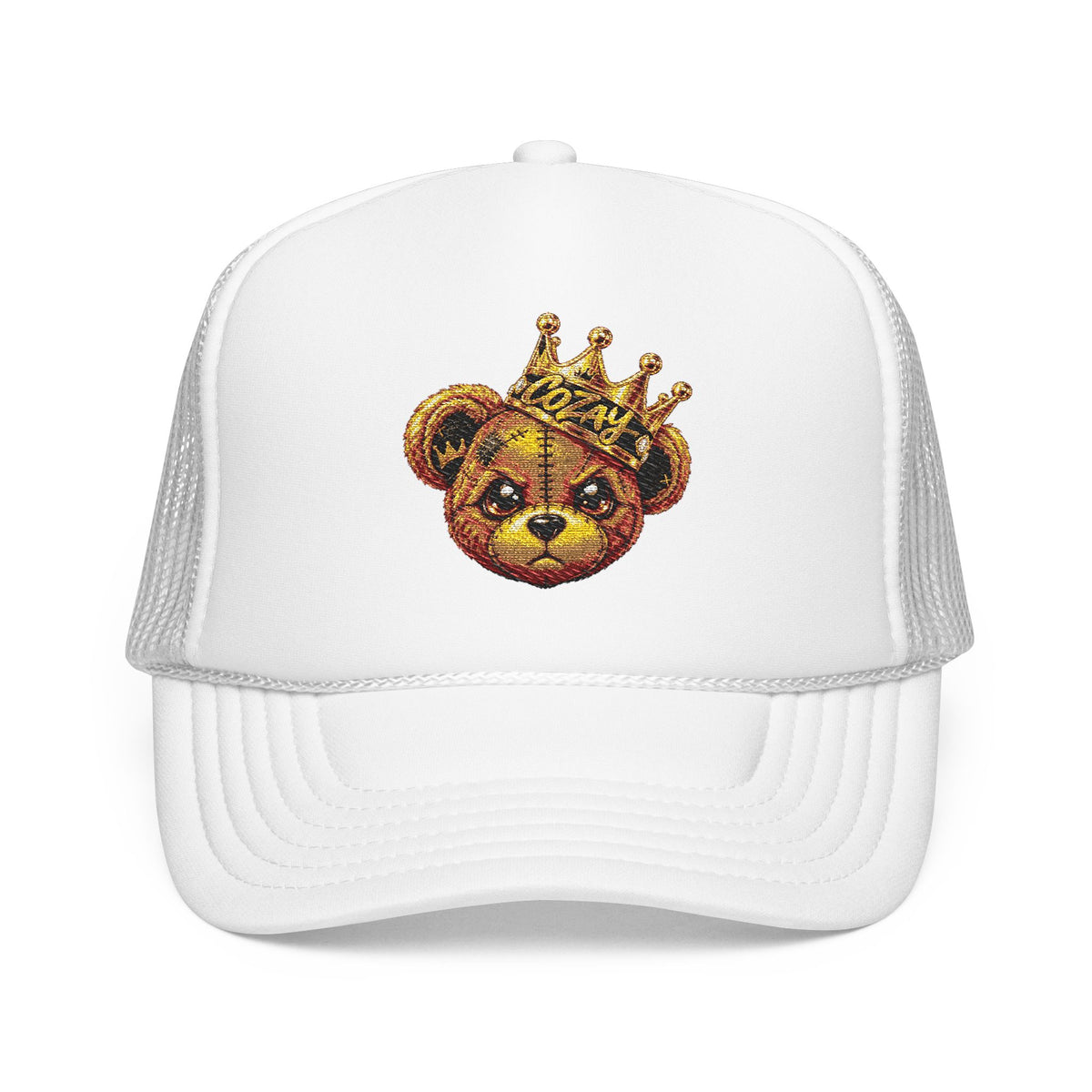 Crowned Teddy Bear Trucker Hat — Gold Sequin Bear Foam Cap