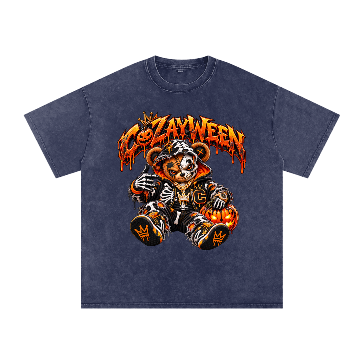CoZayWeen Skeleton Snow Washed Oversized Cotton T-Shirt