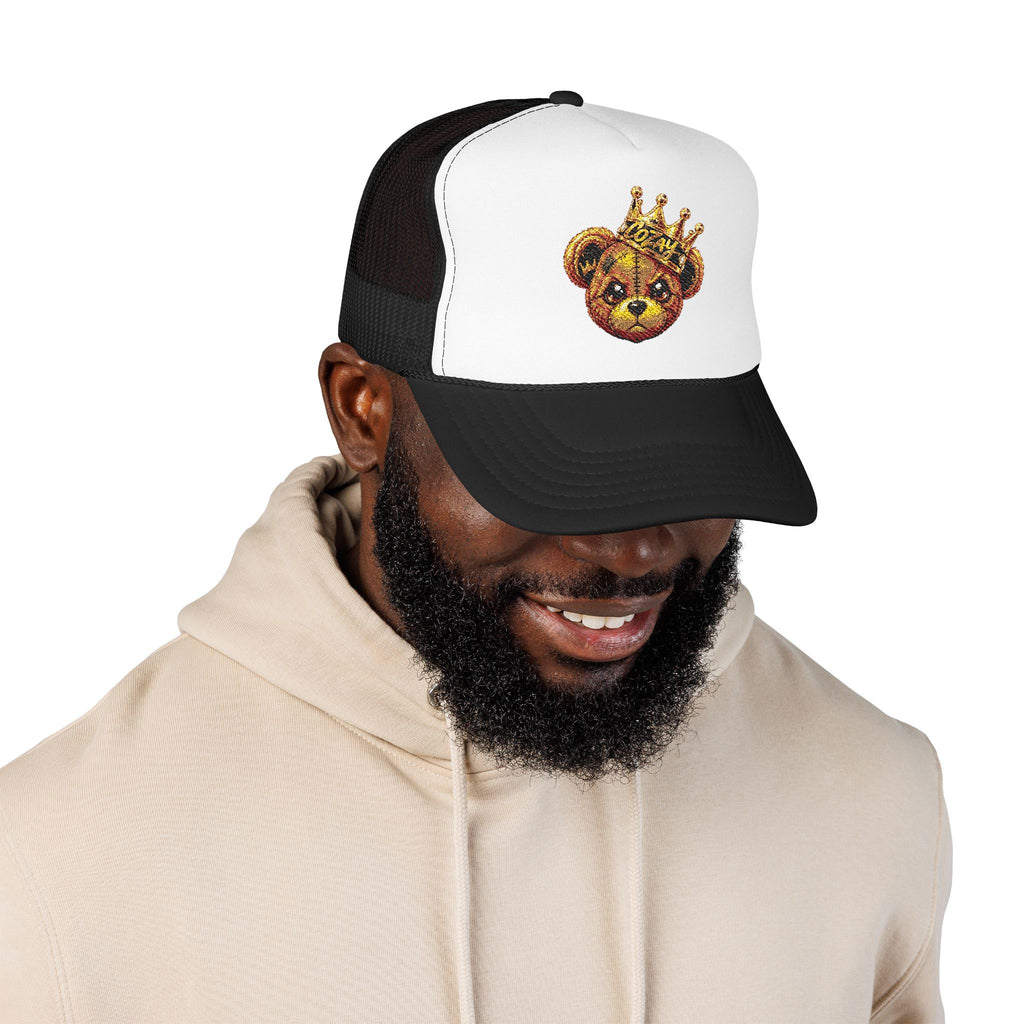 Crowned Teddy Bear Trucker Hat — Gold Sequin Bear Foam Cap