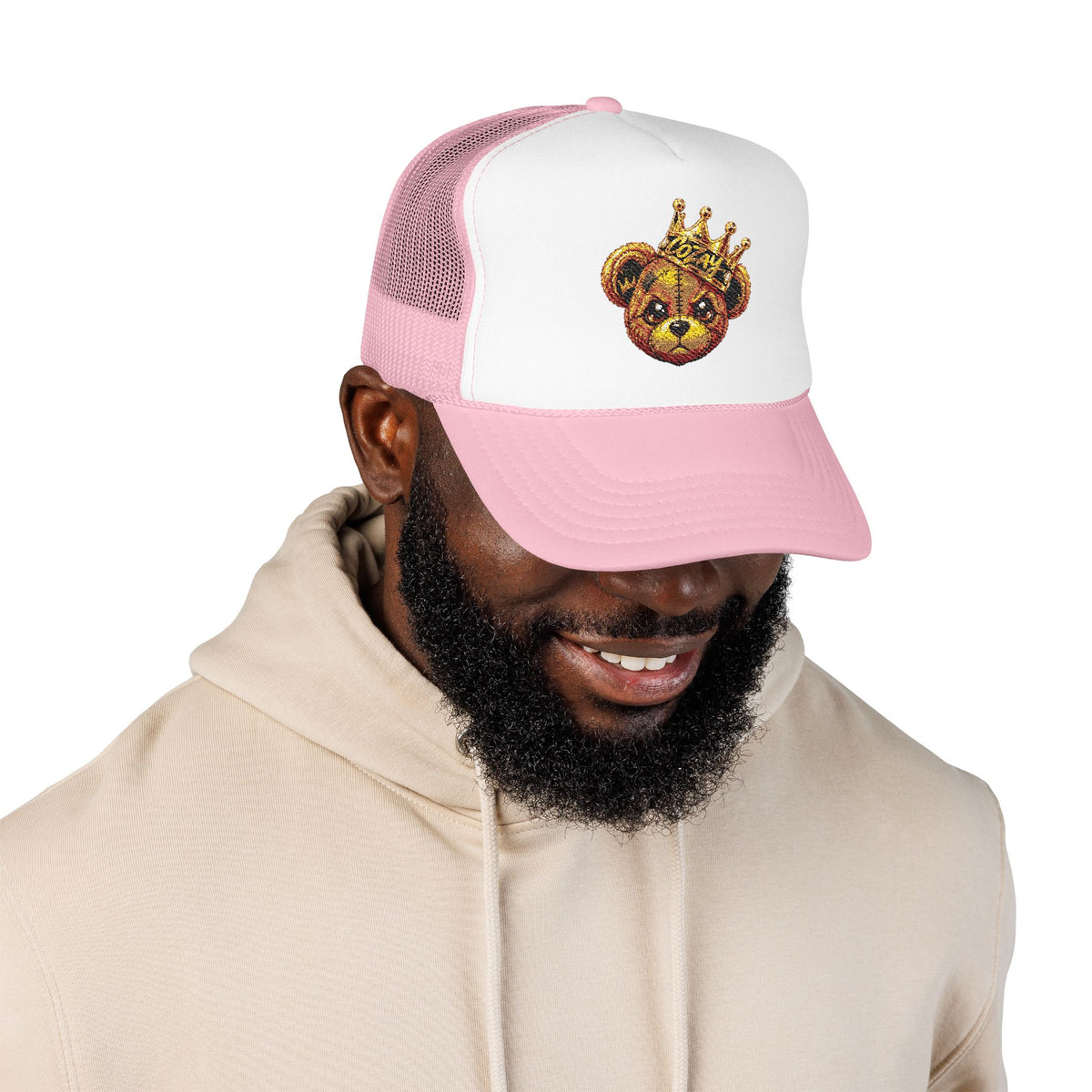 Crowned Teddy Bear Trucker Hat — Gold Sequin Bear Foam Cap