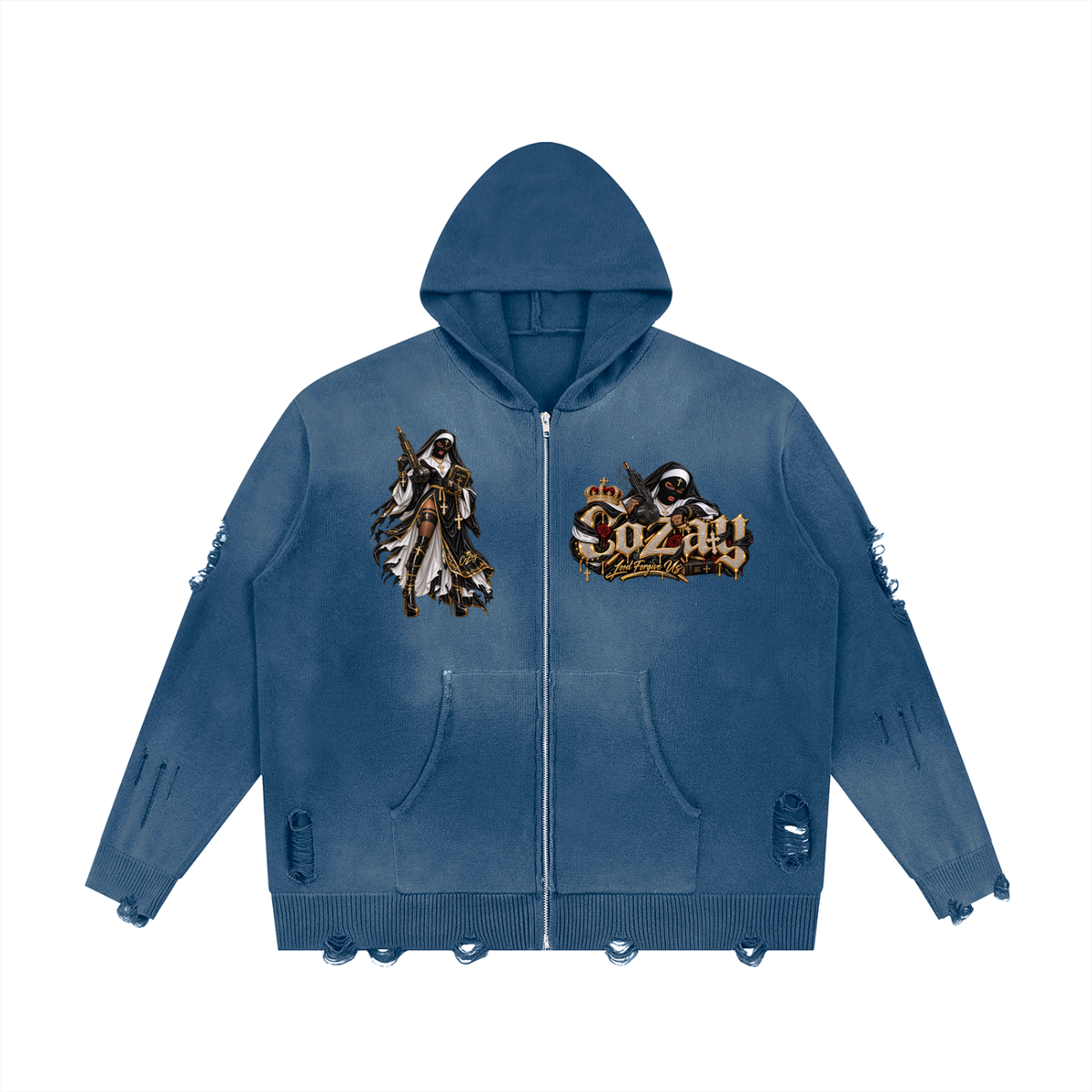 CoZay Original Unisex Distressed Full Zip Sweater