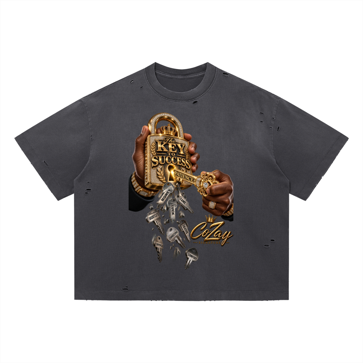 CoZay Signature Key Vintage Washed Distressed Boxy Oversized T-Shirt