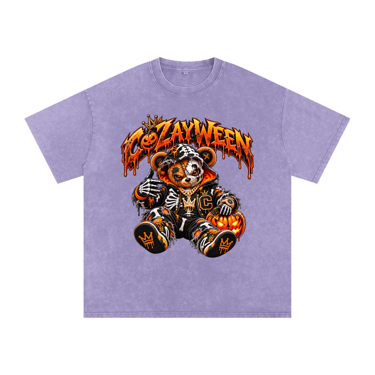 CoZayWeen Skeleton Snow Washed Oversized Cotton T-Shirt