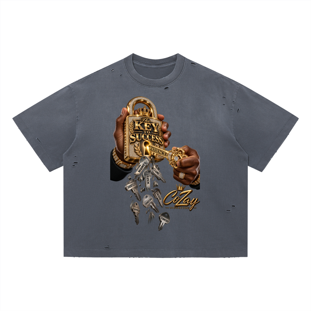 CoZay Signature Key Vintage Washed Distressed Boxy Oversized T-Shirt