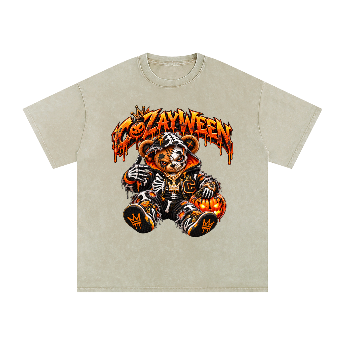 CoZayWeen Skeleton Snow Washed Oversized Cotton T-Shirt