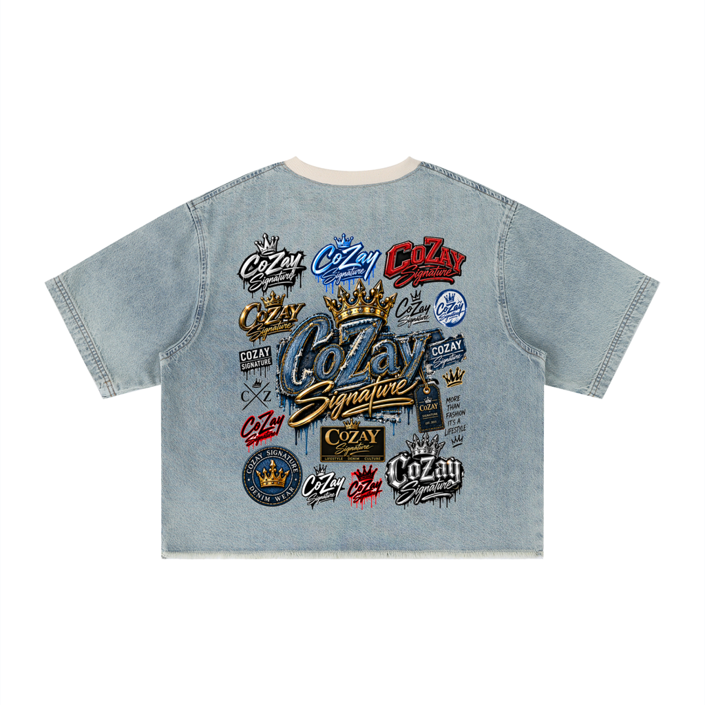 CoZay Signature Unisex Vintage Wash Boxy Raw Hem Denim T-Shirt