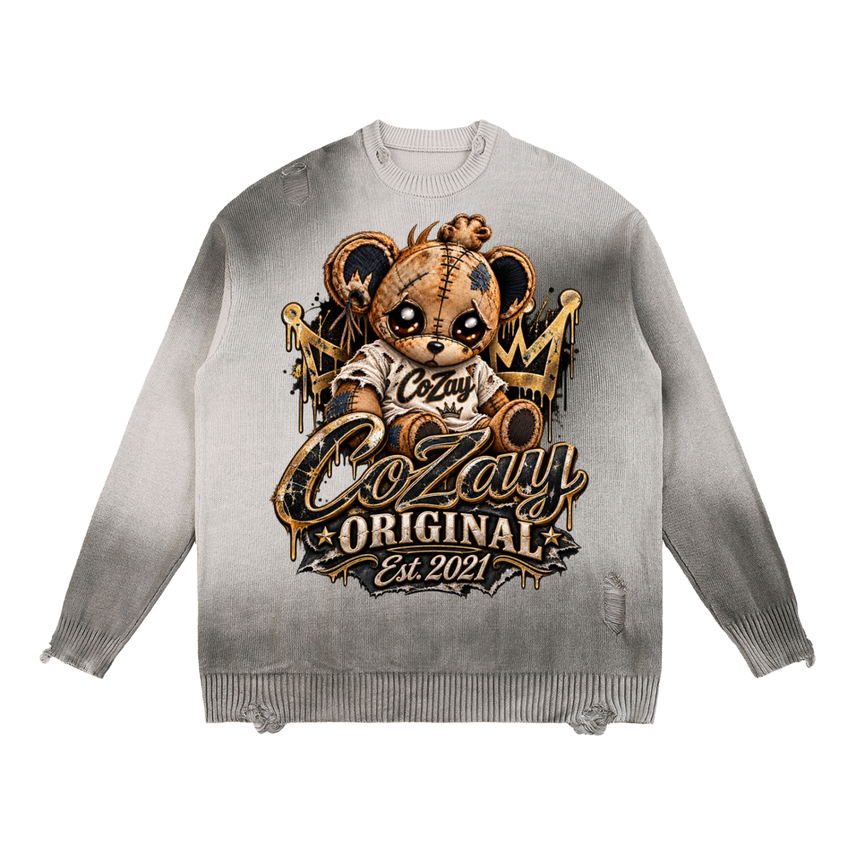 COZAY ORIGINAL Sun Fade Distressed Ripped Crewneck sweater