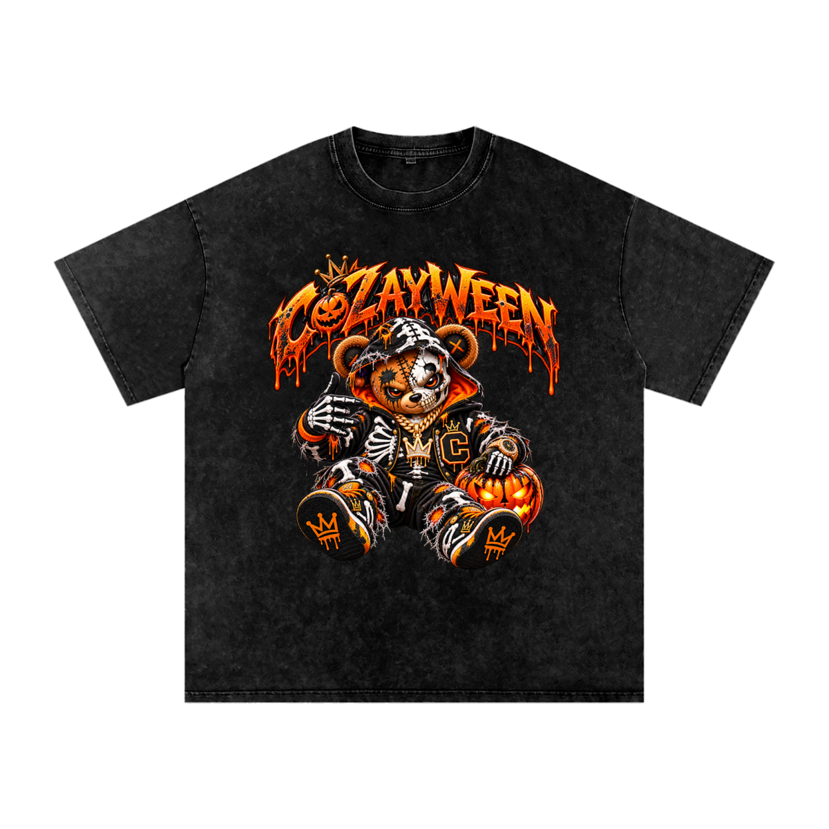 CoZayWeen Skeleton Snow Washed Oversized Cotton T-Shirt