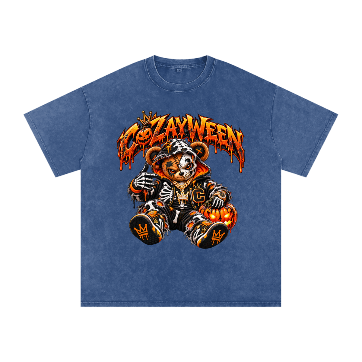 CoZayWeen Skeleton Snow Washed Oversized Cotton T-Shirt