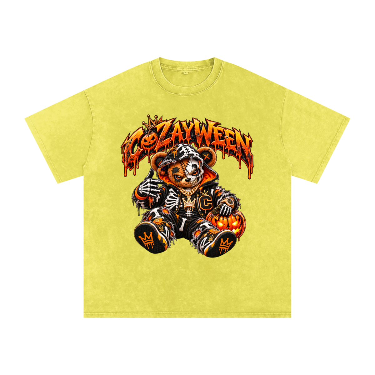 CoZayWeen Skeleton Snow Washed Oversized Cotton T-Shirt
