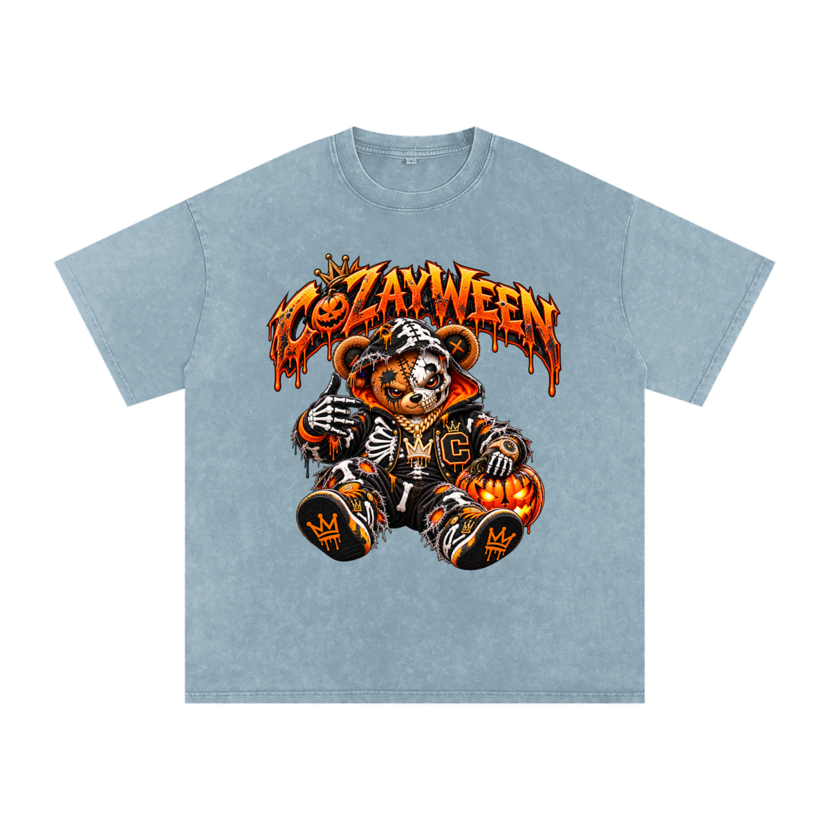 CoZayWeen Skeleton Snow Washed Oversized Cotton T-Shirt