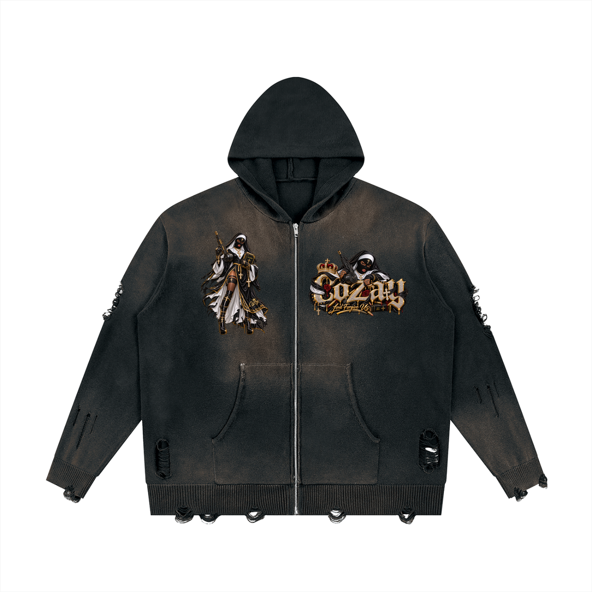 CoZay Original Unisex Distressed Full Zip Sweater