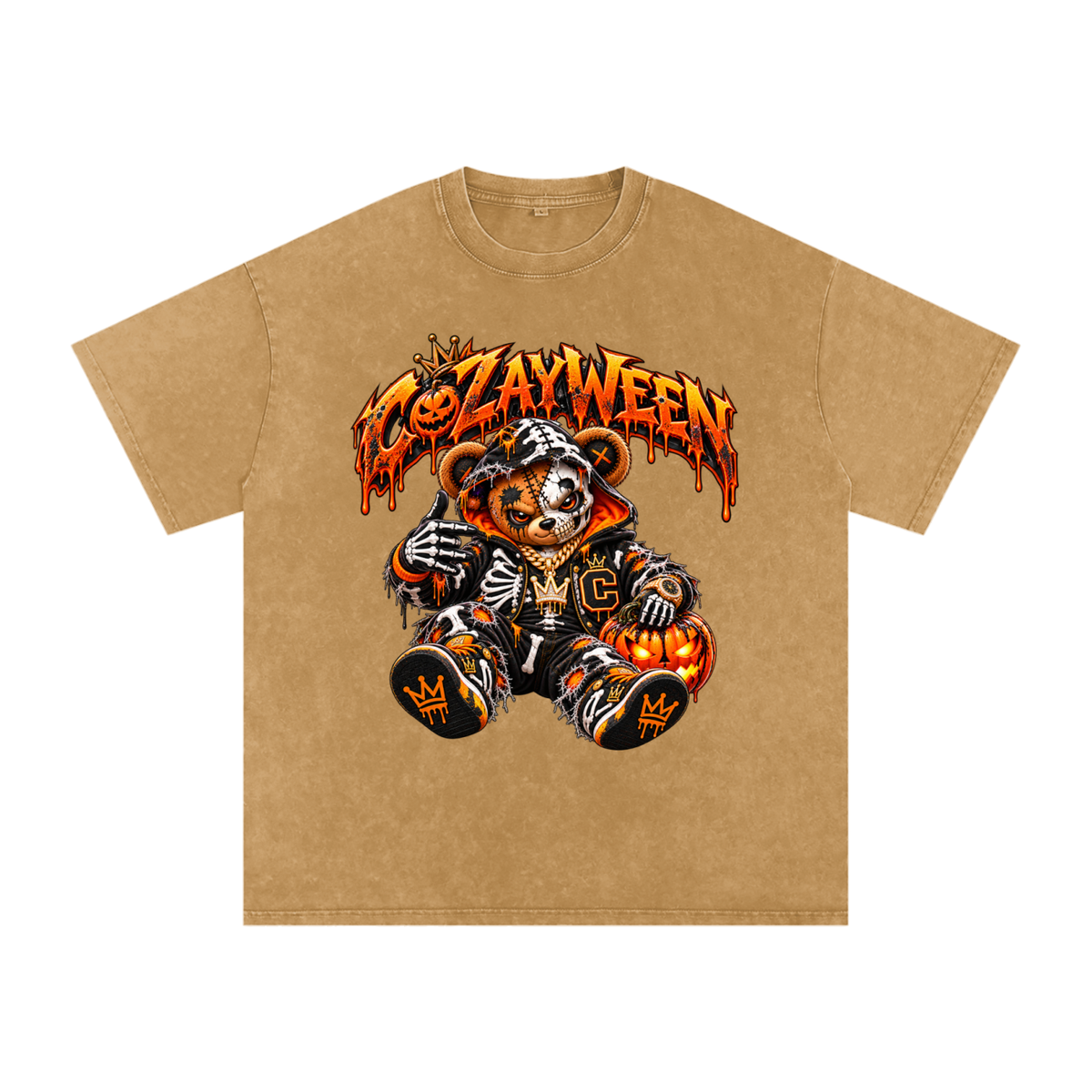 CoZayWeen Skeleton Snow Washed Oversized Cotton T-Shirt