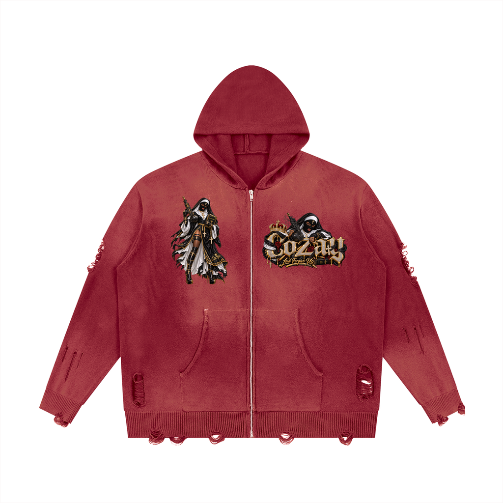 CoZay Signature Unisex Distressed Full Zip Sweater