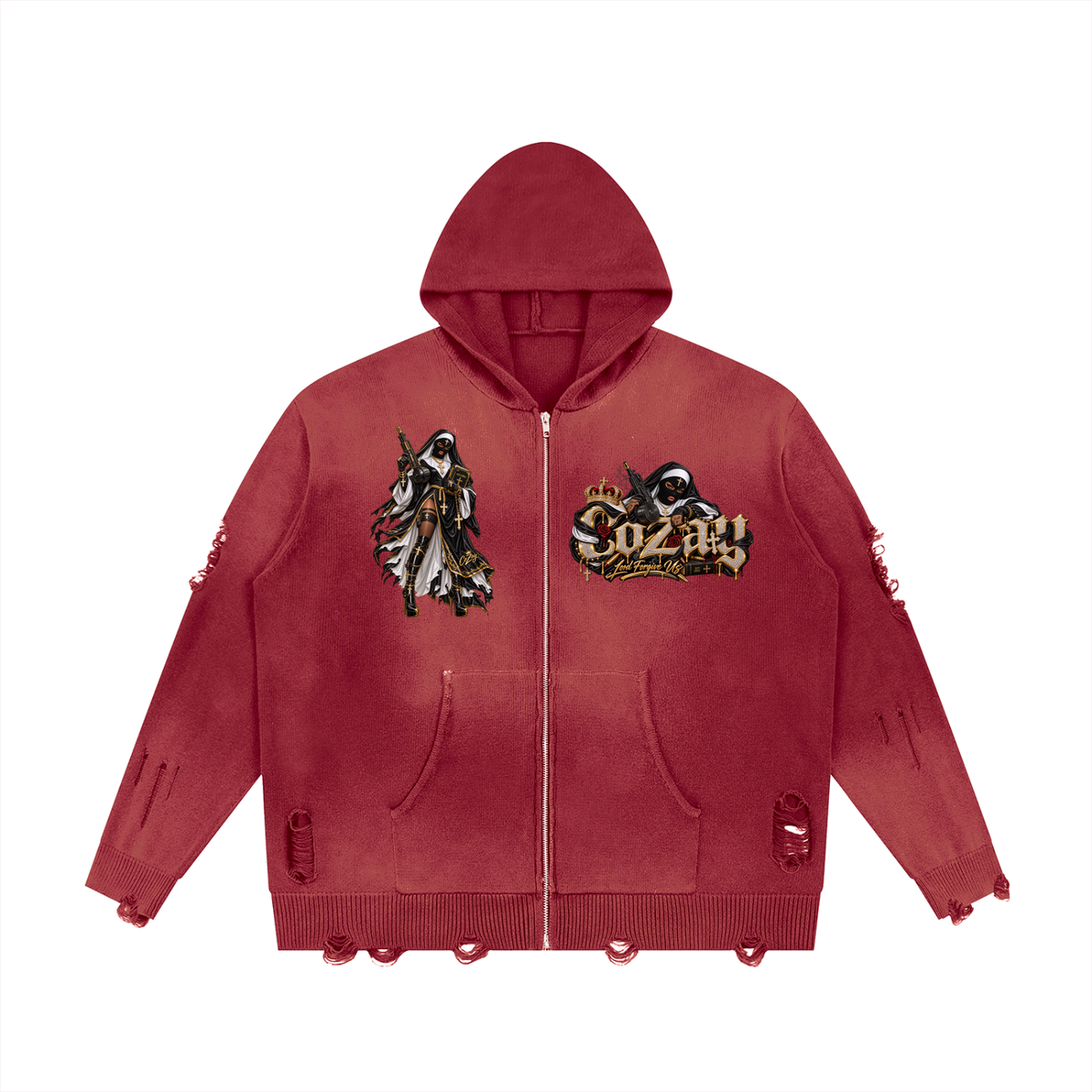 CoZay Original Unisex Distressed Full Zip Sweater