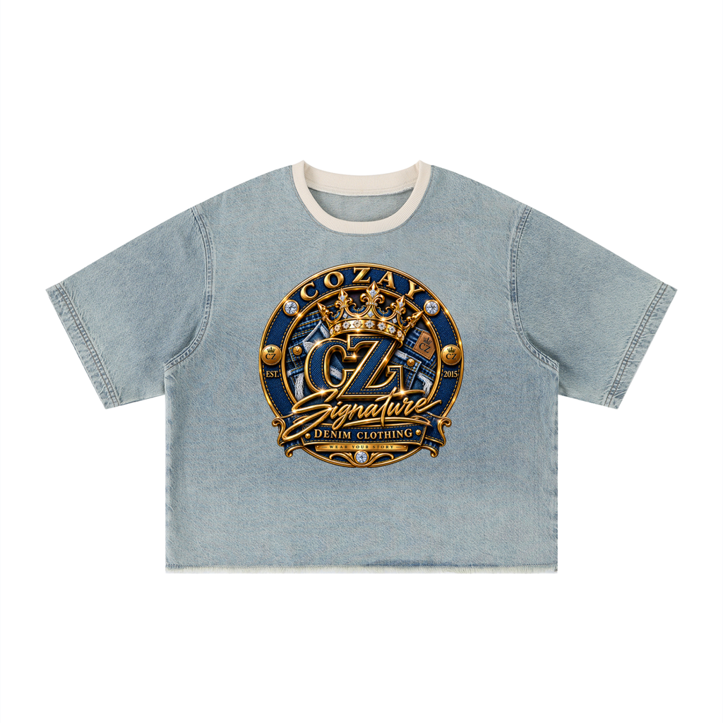 CoZay Signature Unisex Vintage Wash Boxy Raw Hem Denim T-Shirt