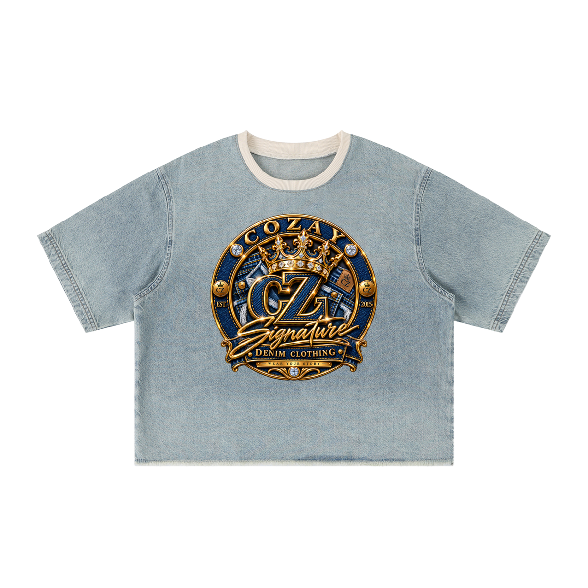 CoZay Signature Unisex Vintage Wash Boxy Raw Hem Denim T-Shirt